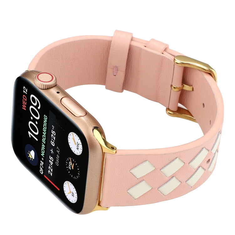 For Apple Watch Series 9&8&7 41mm / SE 3&SE 2&6&SE&5&4 40mm / 3&2&1 38mm Woven Pattern Genuine Leather Strap(Pink White) by bashfashion