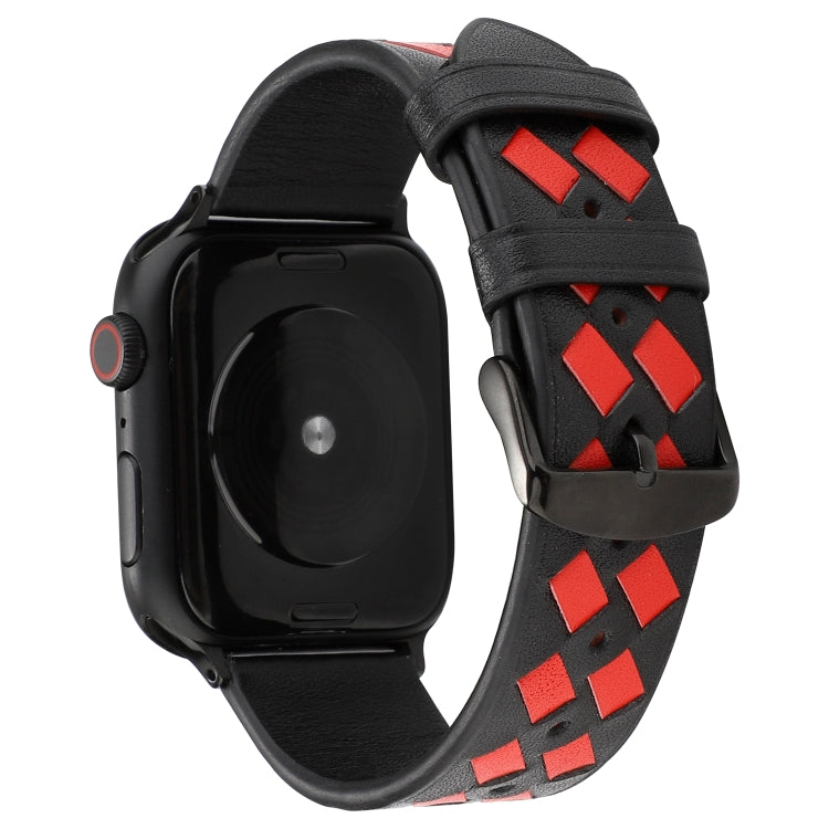 For Apple Watch Series 7 45mm / 6 & SE & 5 & 4 44mm / 3 & 2 & 1 42mm Woven Pattern Genuine Leather Strap(Black Red) by bashfashion