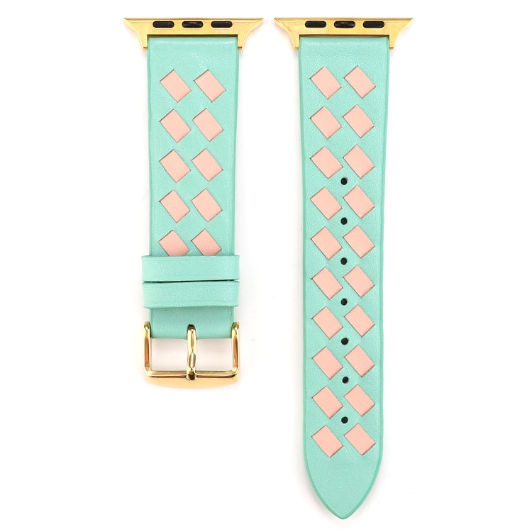 For Apple Watch Ultra 49mm&Watch Ultra 2 49mm / Series 9&8&7 45mm / SE 3&SE 2&6&SE&5&4 44mm / 3&2&1 42mm Woven Pattern Genuine Leather Strap(Green Pink) by bashfashion