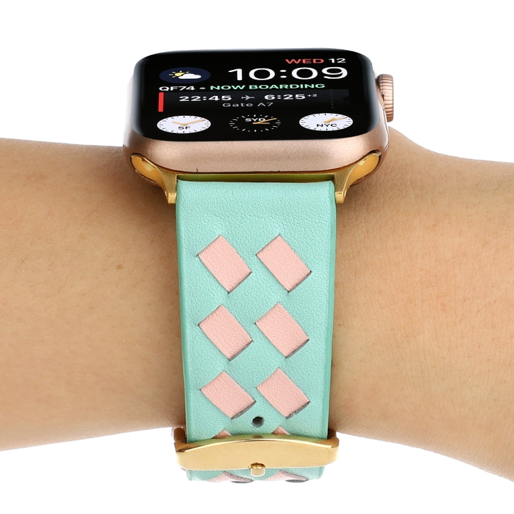 For Apple Watch Ultra 49mm&Watch Ultra 2 49mm / Series 9&8&7 45mm / SE 3&SE 2&6&SE&5&4 44mm / 3&2&1 42mm Woven Pattern Genuine Leather Strap(Green Pink) by bashfashion