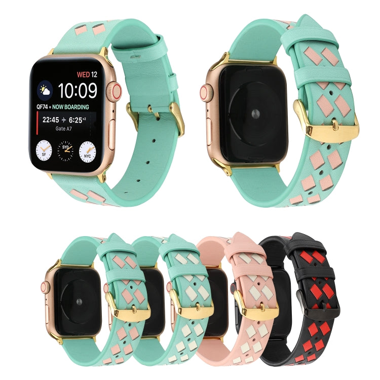 For Apple Watch Ultra 49mm&Watch Ultra 2 49mm / Series 9&8&7 45mm / SE 3&SE 2&6&SE&5&4 44mm / 3&2&1 42mm Woven Pattern Genuine Leather Strap(Green Pink) by bashfashion