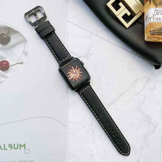 Big Head Buckle Leather Watch Band For Apple Watch Series 9&8&7 41mm / SE 3&SE 2&6&SE&5&4 40mm / 3&2&1 38mm(Black) by bashfashion