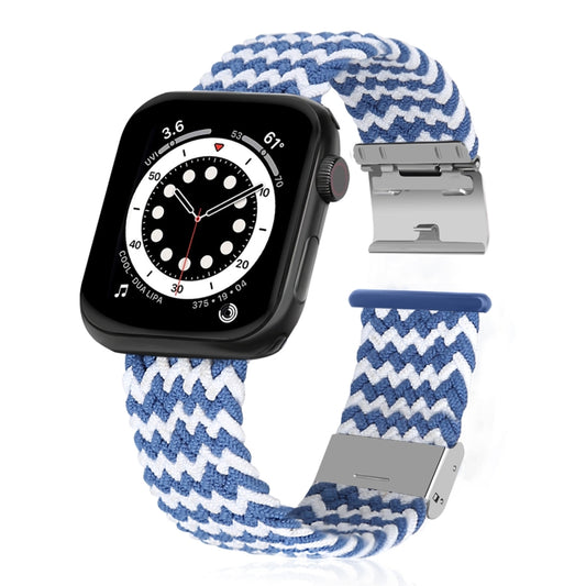 Braided + Stainless Steel Watch Band For Apple Watch Series 7 45mm / 6 & SE & 5 & 4 44mm / 3 & 2 & 1 42mm(Horizontal Blue White) by bashfashion