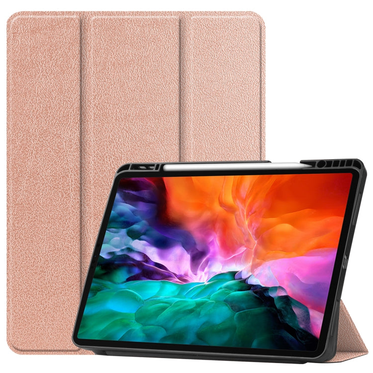 For iPad Pro 12.9 2022 / 2021 Horizontal Flip Honeycomb TPU + PU Leather Tablet Case with Three-folding Holder & Sleep / Wake-up Function & Pen Slot(Rose Gold) by bashfashion