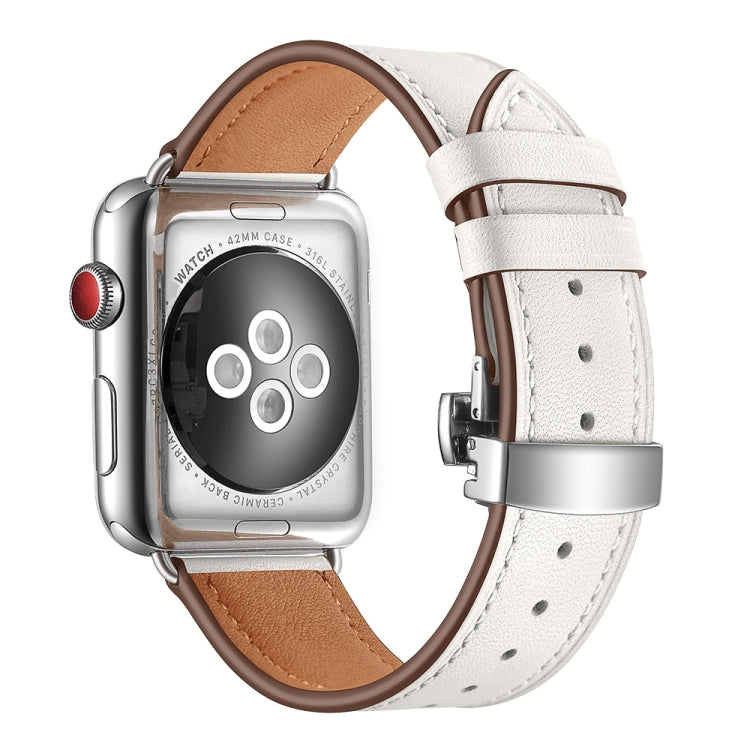 Genuine Leather + Butterfly Silver Buckle Watch Band For Apple Watch Series 7 45mm / 6 & SE & 5 & 4 44mm / 3 & 2 & 1 42mm(White) by bashfashion