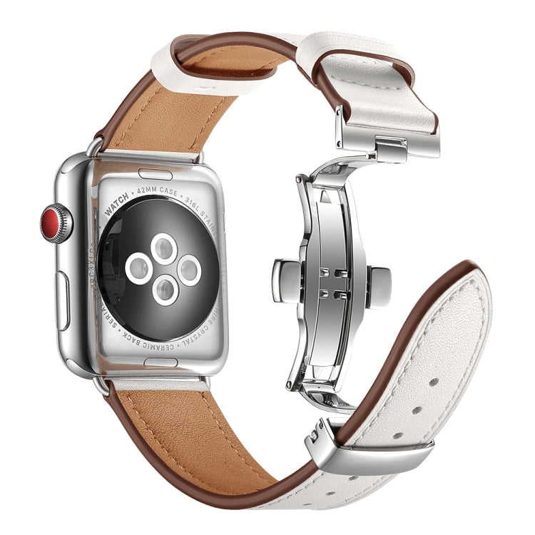 Genuine Leather + Butterfly Silver Buckle Watch Band For Apple Watch Series 7 45mm / 6 & SE & 5 & 4 44mm / 3 & 2 & 1 42mm(White) by bashfashion