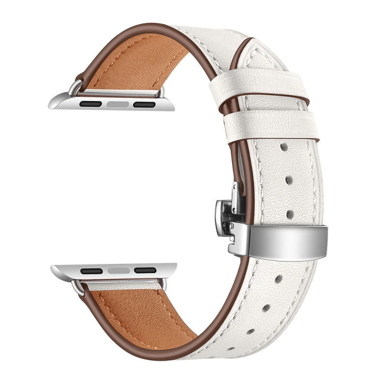 Genuine Leather + Butterfly Silver Buckle Watch Band For Apple Watch Series 7 45mm / 6 & SE & 5 & 4 44mm / 3 & 2 & 1 42mm(White) by bashfashion