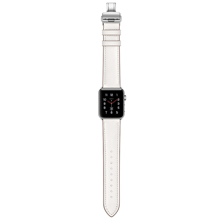 Genuine Leather + Butterfly Silver Buckle Watch Band For Apple Watch Series 7 45mm / 6 & SE & 5 & 4 44mm / 3 & 2 & 1 42mm(White) by bashfashion