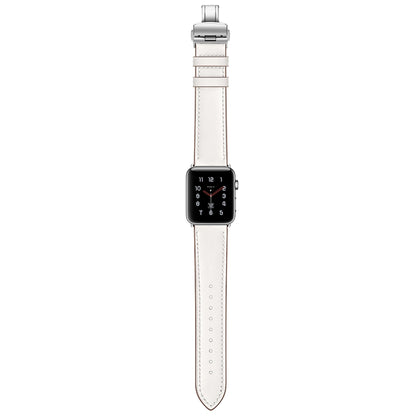 Genuine Leather + Butterfly Silver Buckle Watch Band For Apple Watch Series 7 45mm / 6 & SE & 5 & 4 44mm / 3 & 2 & 1 42mm(White) by bashfashion