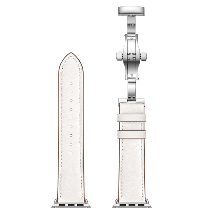 Genuine Leather + Butterfly Silver Buckle Watch Band For Apple Watch Series 7 45mm / 6 & SE & 5 & 4 44mm / 3 & 2 & 1 42mm(White) by bashfashion