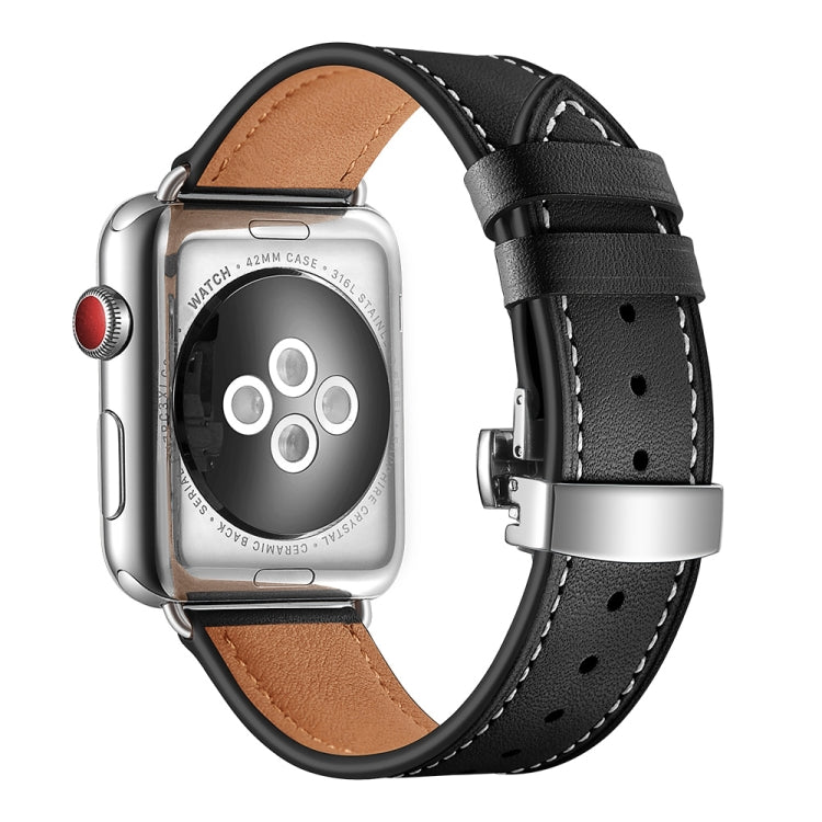 Genuine Leather + Butterfly Silver Buckle Watch Band For Apple Watch Series 7 45mm / 6 & SE & 5 & 4 44mm / 3 & 2 & 1 42mm(Black) by bashfashion