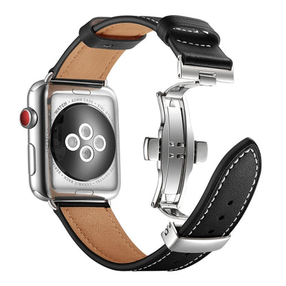 Genuine Leather + Butterfly Silver Buckle Watch Band For Apple Watch Series 7 45mm / 6 & SE & 5 & 4 44mm / 3 & 2 & 1 42mm(Black) by bashfashion