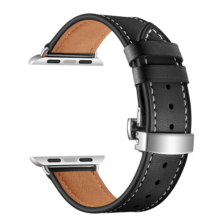 Genuine Leather + Butterfly Silver Buckle Watch Band For Apple Watch Series 7 45mm / 6 & SE & 5 & 4 44mm / 3 & 2 & 1 42mm(Black) by bashfashion