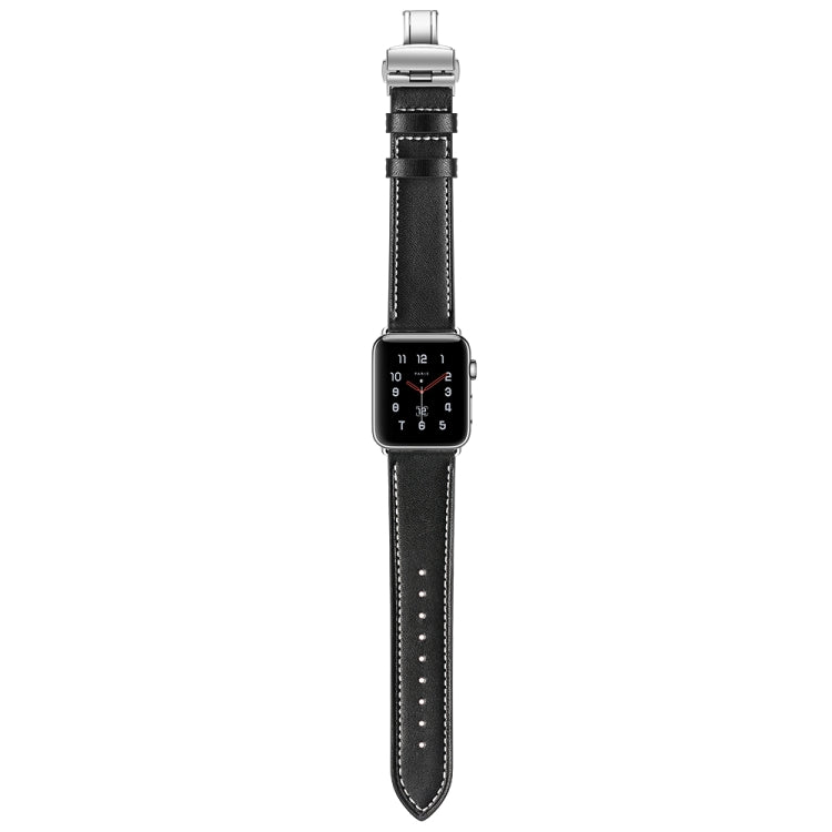 Genuine Leather + Butterfly Silver Buckle Watch Band For Apple Watch Series 7 45mm / 6 & SE & 5 & 4 44mm / 3 & 2 & 1 42mm(Black) by bashfashion