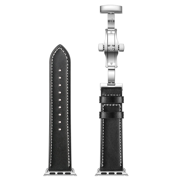 Genuine Leather + Butterfly Silver Buckle Watch Band For Apple Watch Series 7 45mm / 6 & SE & 5 & 4 44mm / 3 & 2 & 1 42mm(Black) by bashfashion