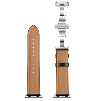 Genuine Leather + Butterfly Silver Buckle Watch Band For Apple Watch Series 7 45mm / 6 & SE & 5 & 4 44mm / 3 & 2 & 1 42mm(Black) by bashfashion