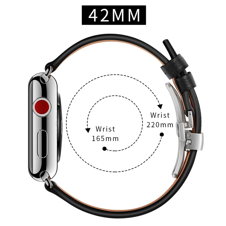 Genuine Leather + Butterfly Silver Buckle Watch Band For Apple Watch Series 7 45mm / 6 & SE & 5 & 4 44mm / 3 & 2 & 1 42mm(Black) by bashfashion