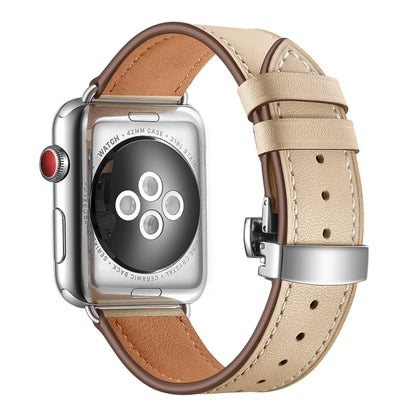 Genuine Leather + Butterfly Silver Buckle Watch Band For Apple Watch Series 7 45mm / 6 & SE & 5 & 4 44mm / 3 & 2 & 1 42mm(Apricot) by bashfashion
