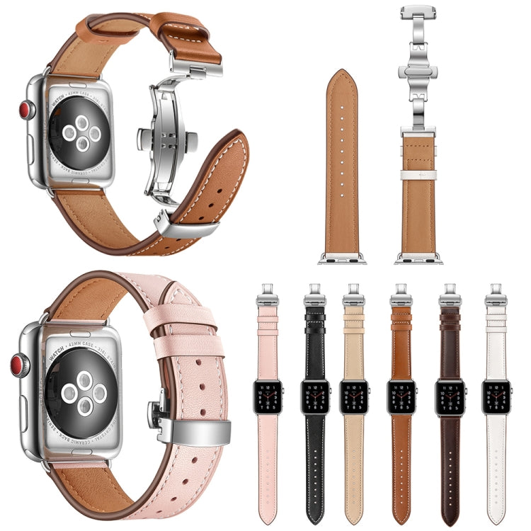 Genuine Leather + Butterfly Silver Buckle Watch Band For Apple Watch Series 7 45mm / 6 & SE & 5 & 4 44mm / 3 & 2 & 1 42mm(Black) by bashfashion