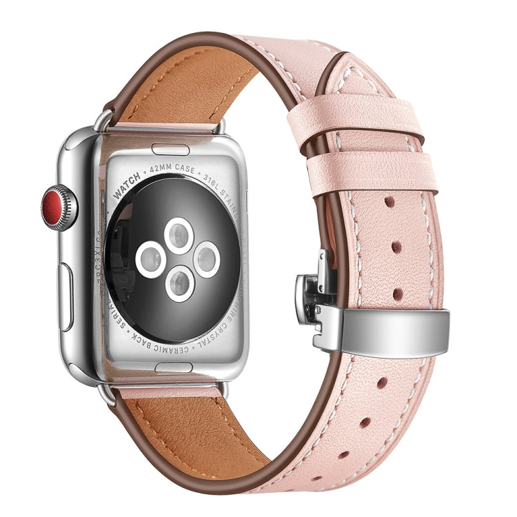 Genuine Leather + Butterfly Silver Buckle Watch Band For Apple Watch Series 7 41mm / 6 & SE & 5 & 4 40mm / 3 & 2 & 1 38mm(Pink) by bashfashion