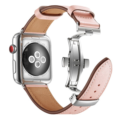Genuine Leather + Butterfly Silver Buckle Watch Band For Apple Watch Series 7 41mm / 6 & SE & 5 & 4 40mm / 3 & 2 & 1 38mm(Pink) by bashfashion