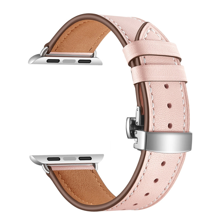 Genuine Leather + Butterfly Silver Buckle Watch Band For Apple Watch Series 7 41mm / 6 & SE & 5 & 4 40mm / 3 & 2 & 1 38mm(Pink) by bashfashion