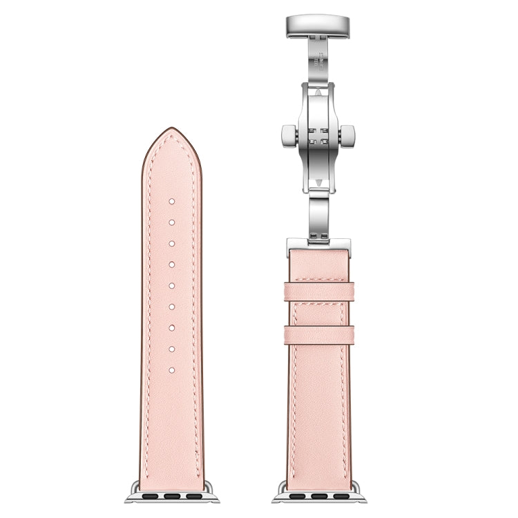Genuine Leather + Butterfly Silver Buckle Watch Band For Apple Watch Series 7 41mm / 6 & SE & 5 & 4 40mm / 3 & 2 & 1 38mm(Pink) by bashfashion