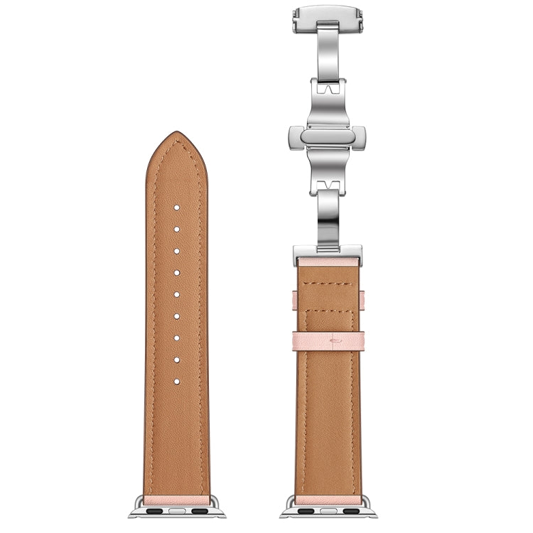 Genuine Leather + Butterfly Silver Buckle Watch Band For Apple Watch Series 7 41mm / 6 & SE & 5 & 4 40mm / 3 & 2 & 1 38mm(Pink) by bashfashion
