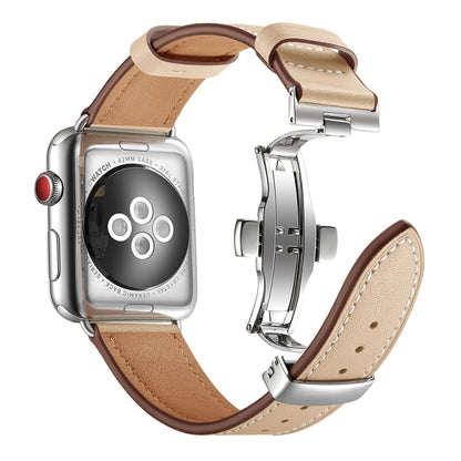 Genuine Leather + Butterfly Silver Buckle Watch Band For Apple Watch Series 7 41mm / 6 & SE & 5 & 4 40mm / 3 & 2 & 1 38mm(Apricot) by bashfashion