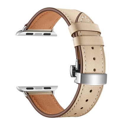 Genuine Leather + Butterfly Silver Buckle Watch Band For Apple Watch Series 7 41mm / 6 & SE & 5 & 4 40mm / 3 & 2 & 1 38mm(Apricot) by bashfashion