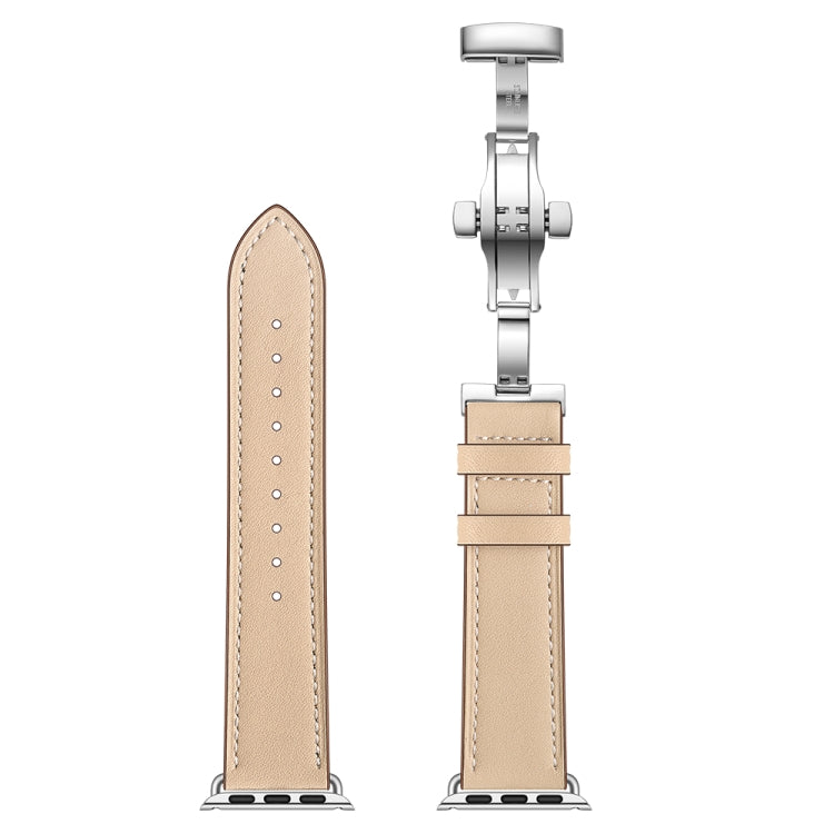 Genuine Leather + Butterfly Silver Buckle Watch Band For Apple Watch Series 7 41mm / 6 & SE & 5 & 4 40mm / 3 & 2 & 1 38mm(Apricot) by bashfashion