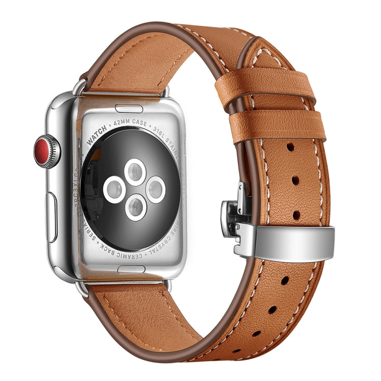 Genuine Leather + Butterfly Silver Buckle Watch Band For Apple Watch Series 7 41mm / 6 & SE & 5 & 4 40mm / 3 & 2 & 1 38mm(Brown) by bashfashion