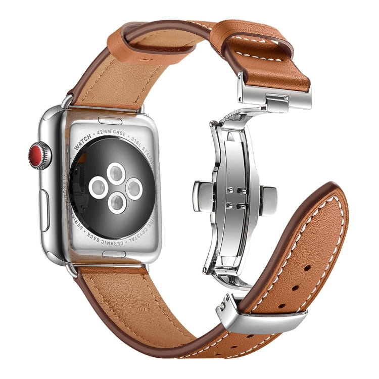 Genuine Leather + Butterfly Silver Buckle Watch Band For Apple Watch Series 7 41mm / 6 & SE & 5 & 4 40mm / 3 & 2 & 1 38mm(Brown) by bashfashion