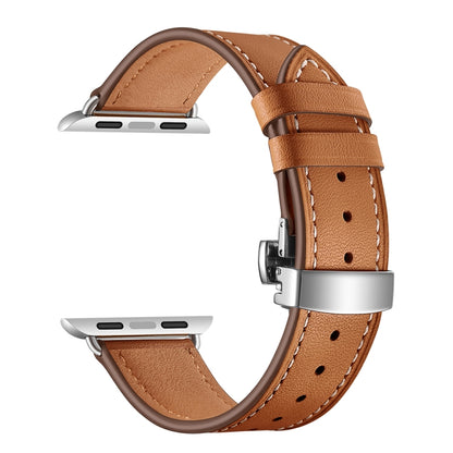 Genuine Leather + Butterfly Silver Buckle Watch Band For Apple Watch Series 7 41mm / 6 & SE & 5 & 4 40mm / 3 & 2 & 1 38mm(Brown) by bashfashion