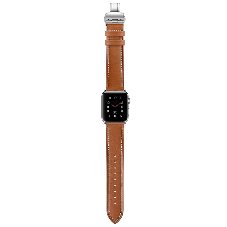 Genuine Leather + Butterfly Silver Buckle Watch Band For Apple Watch Series 7 41mm / 6 & SE & 5 & 4 40mm / 3 & 2 & 1 38mm(Brown) by bashfashion