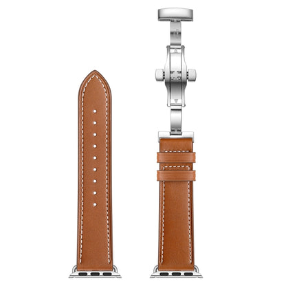 Genuine Leather + Butterfly Silver Buckle Watch Band For Apple Watch Series 7 41mm / 6 & SE & 5 & 4 40mm / 3 & 2 & 1 38mm(Brown) by bashfashion