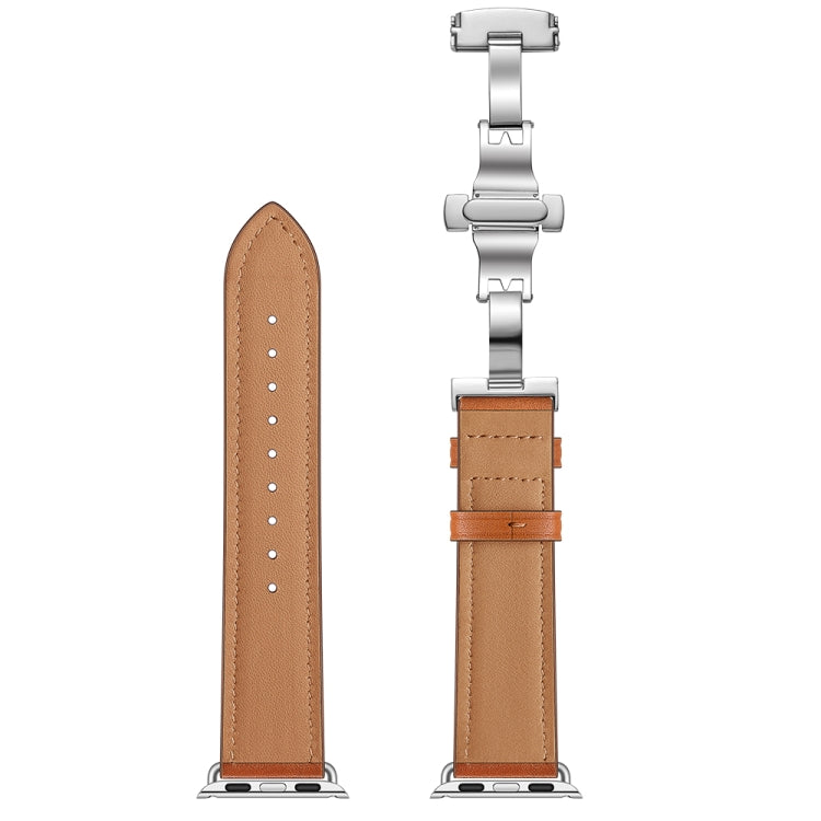 Genuine Leather + Butterfly Silver Buckle Watch Band For Apple Watch Series 7 41mm / 6 & SE & 5 & 4 40mm / 3 & 2 & 1 38mm(Brown) by bashfashion