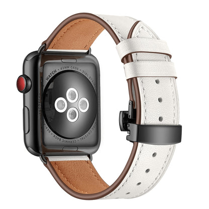Genuine Leather + Butterfly Black Buckle Watch Band For Apple Watch Series 7 45mm / 6 & SE & 5 & 4 44mm / 3 & 2 & 1 42mm(White) by bashfashion