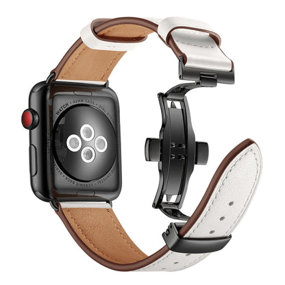 Genuine Leather + Butterfly Black Buckle Watch Band For Apple Watch Series 7 45mm / 6 & SE & 5 & 4 44mm / 3 & 2 & 1 42mm(White) by bashfashion