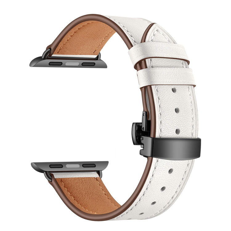 Genuine Leather + Butterfly Black Buckle Watch Band For Apple Watch Series 7 45mm / 6 & SE & 5 & 4 44mm / 3 & 2 & 1 42mm(White) by bashfashion