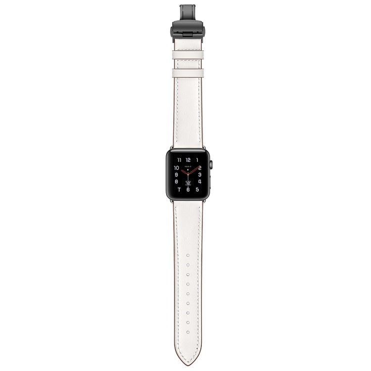Genuine Leather + Butterfly Black Buckle Watch Band For Apple Watch Series 7 45mm / 6 & SE & 5 & 4 44mm / 3 & 2 & 1 42mm(White) by bashfashion