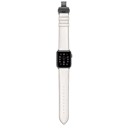 Genuine Leather + Butterfly Black Buckle Watch Band For Apple Watch Series 7 45mm / 6 & SE & 5 & 4 44mm / 3 & 2 & 1 42mm(White) by bashfashion