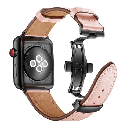 Genuine Leather + Butterfly Black Buckle Watch Band For Apple Watch Series 7 45mm / 6 & SE & 5 & 4 44mm / 3 & 2 & 1 42mm(Pink) by bashfashion