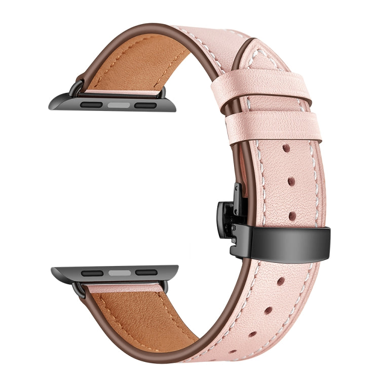 Genuine Leather + Butterfly Black Buckle Watch Band For Apple Watch Series 7 45mm / 6 & SE & 5 & 4 44mm / 3 & 2 & 1 42mm(Pink) by bashfashion