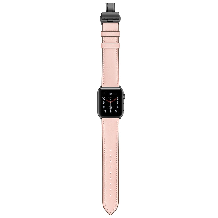 Genuine Leather + Butterfly Black Buckle Watch Band For Apple Watch Series 7 45mm / 6 & SE & 5 & 4 44mm / 3 & 2 & 1 42mm(Pink) by bashfashion