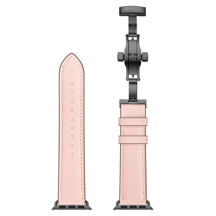 Genuine Leather + Butterfly Black Buckle Watch Band For Apple Watch Series 7 45mm / 6 & SE & 5 & 4 44mm / 3 & 2 & 1 42mm(Pink) by bashfashion