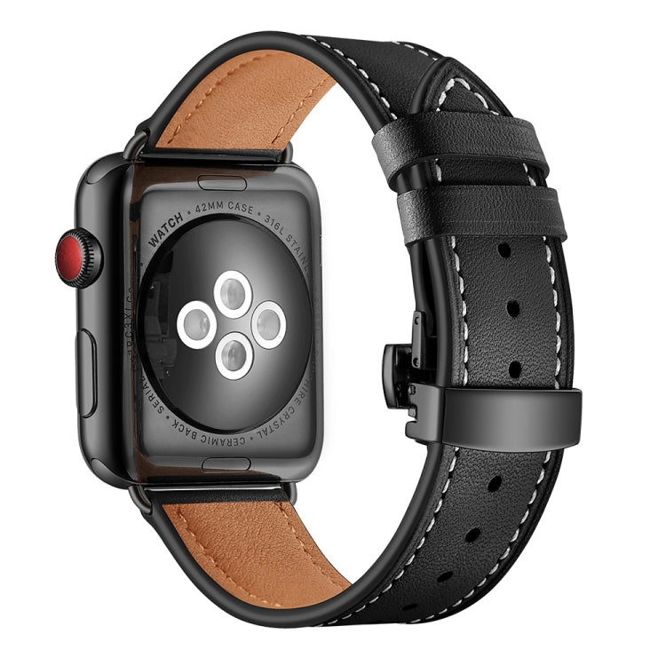 Genuine Leather + Butterfly Black Buckle Watch Band For Apple Watch Series 7 45mm / 6 & SE & 5 & 4 44mm / 3 & 2 & 1 42mm(Black) by bashfashion