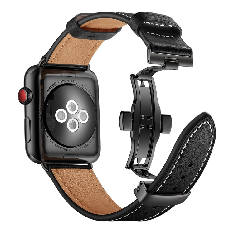 Genuine Leather + Butterfly Black Buckle Watch Band For Apple Watch Series 7 45mm / 6 & SE & 5 & 4 44mm / 3 & 2 & 1 42mm(Black) by bashfashion