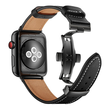 Genuine Leather + Butterfly Black Buckle Watch Band For Apple Watch Series 7 45mm / 6 & SE & 5 & 4 44mm / 3 & 2 & 1 42mm(Black) by bashfashion