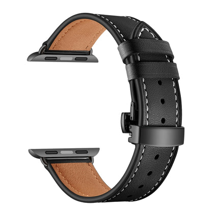 Genuine Leather + Butterfly Black Buckle Watch Band For Apple Watch Series 7 45mm / 6 & SE & 5 & 4 44mm / 3 & 2 & 1 42mm(Black) by bashfashion